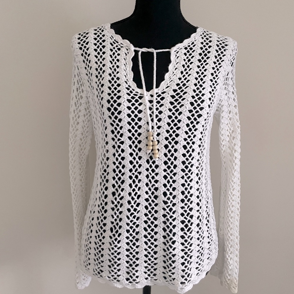 vintage beachy summer surfer crochet long sleeve tie up top